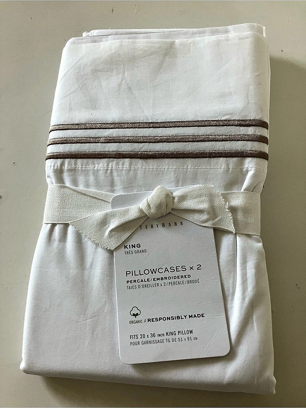 Piney River Pillowcases x2 Embroidered Striped Cotton King Pillowcases NWT
